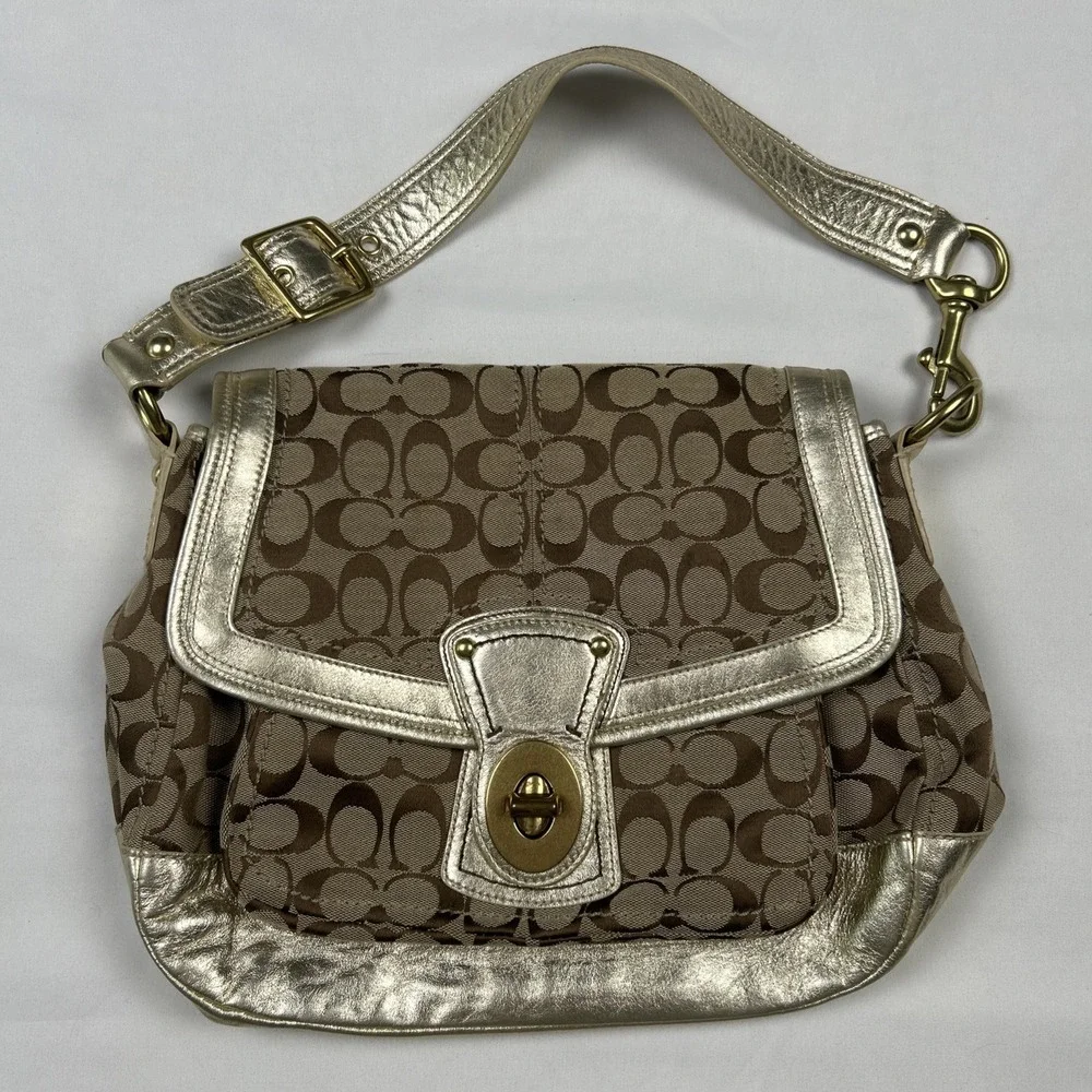 VTG Coach Signature F12857 Beige Gold Big Turn Lock Shoulder Bag Gold Hardware